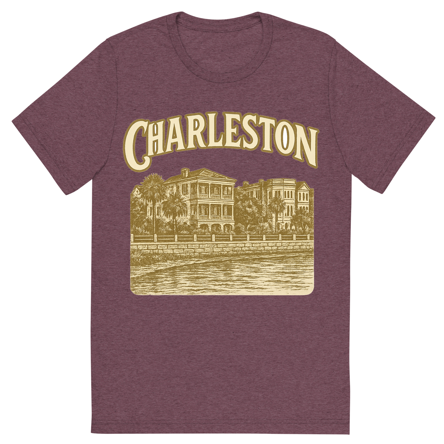 Front view of a Premium Tri-Blend Crew Neck T-Shirt in Maroon showing 'A typographic, nostalgic graphic of a typographic illustration of the words 'charleston' with a vintage line art drawing of the battery'