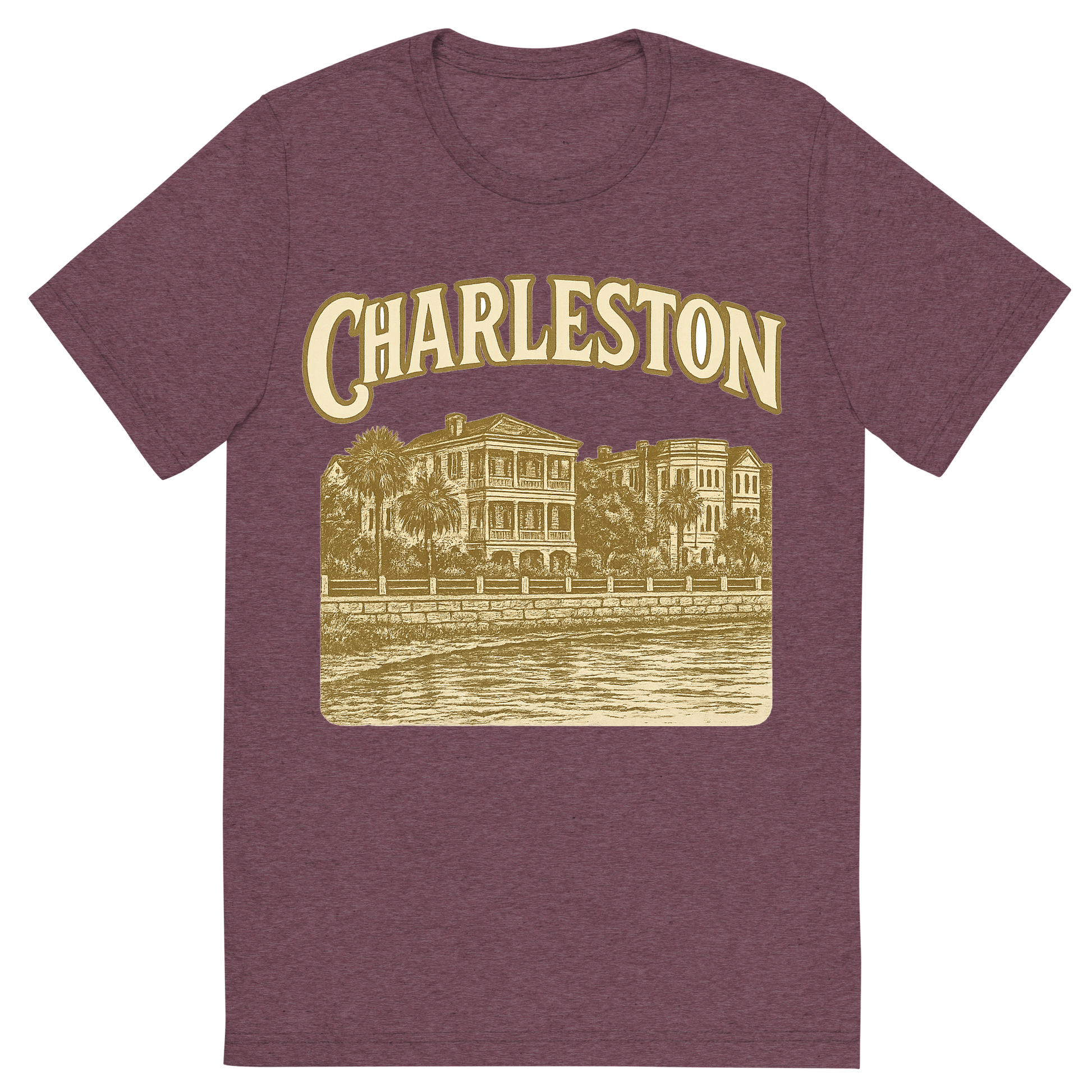 Front view of a Premium Tri-Blend Crew Neck T-Shirt in Maroon showing 'A typographic, nostalgic graphic of a typographic illustration of the words 'charleston' with a vintage line art drawing of the battery'