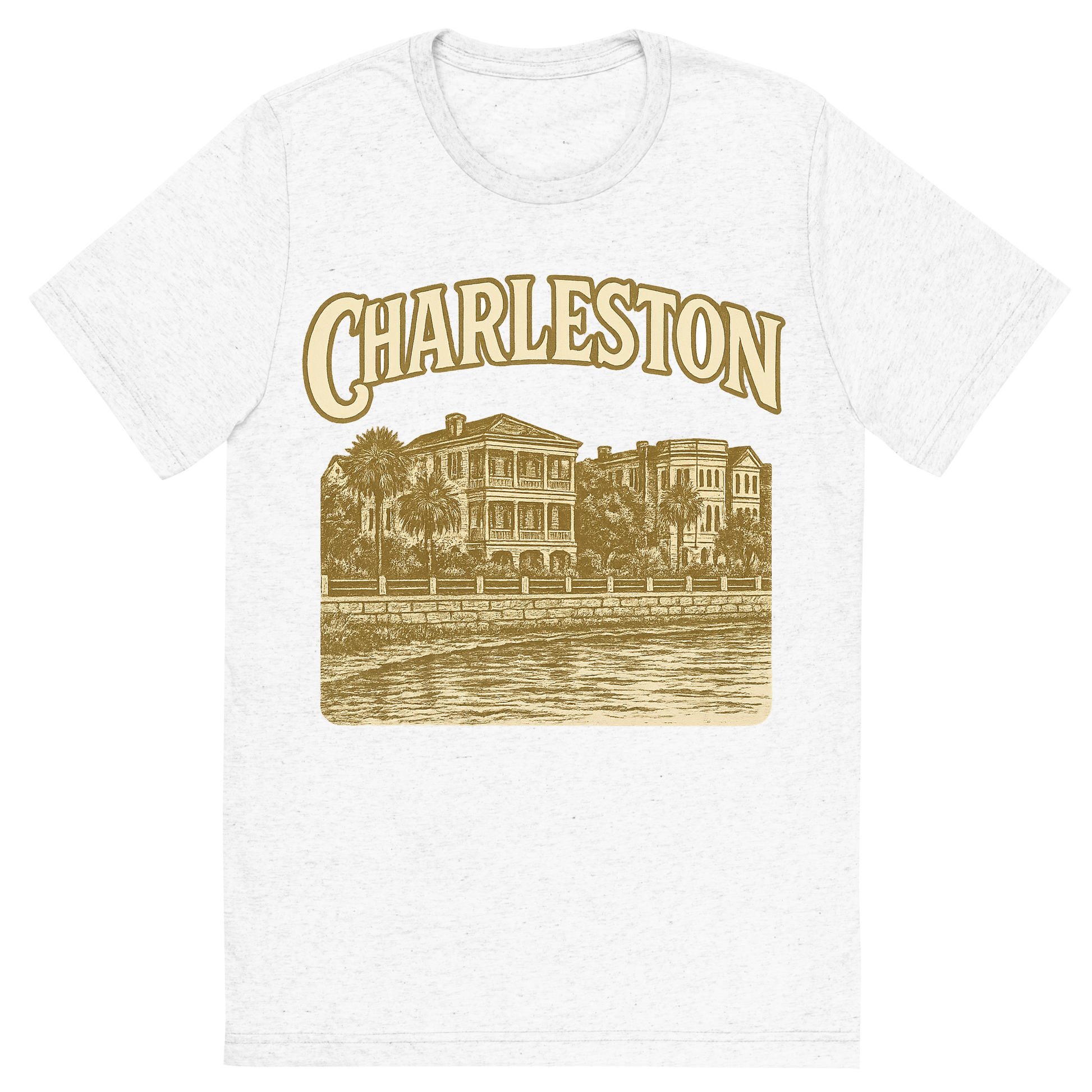 Front view of a Premium Tri-Blend Crew Neck T-Shirt in Solid White showing 'A typographic, nostalgic graphic of a typographic illustration of the words 'charleston' with a vintage line art drawing of the battery'
