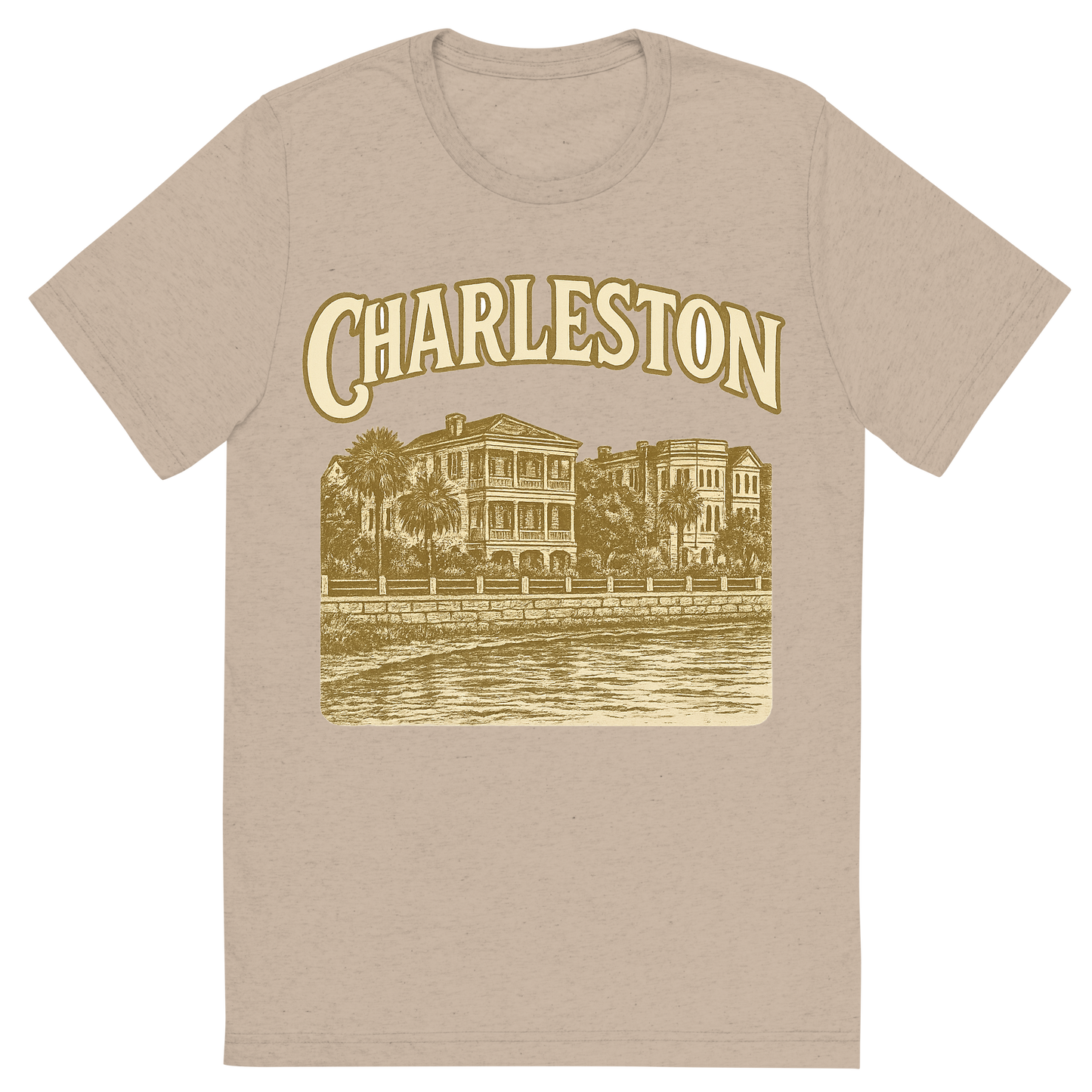 Front view of a Premium Tri-Blend Crew Neck T-Shirt in Tan showing 'A typographic, nostalgic graphic of a typographic illustration of the words 'charleston' with a vintage line art drawing of the battery'