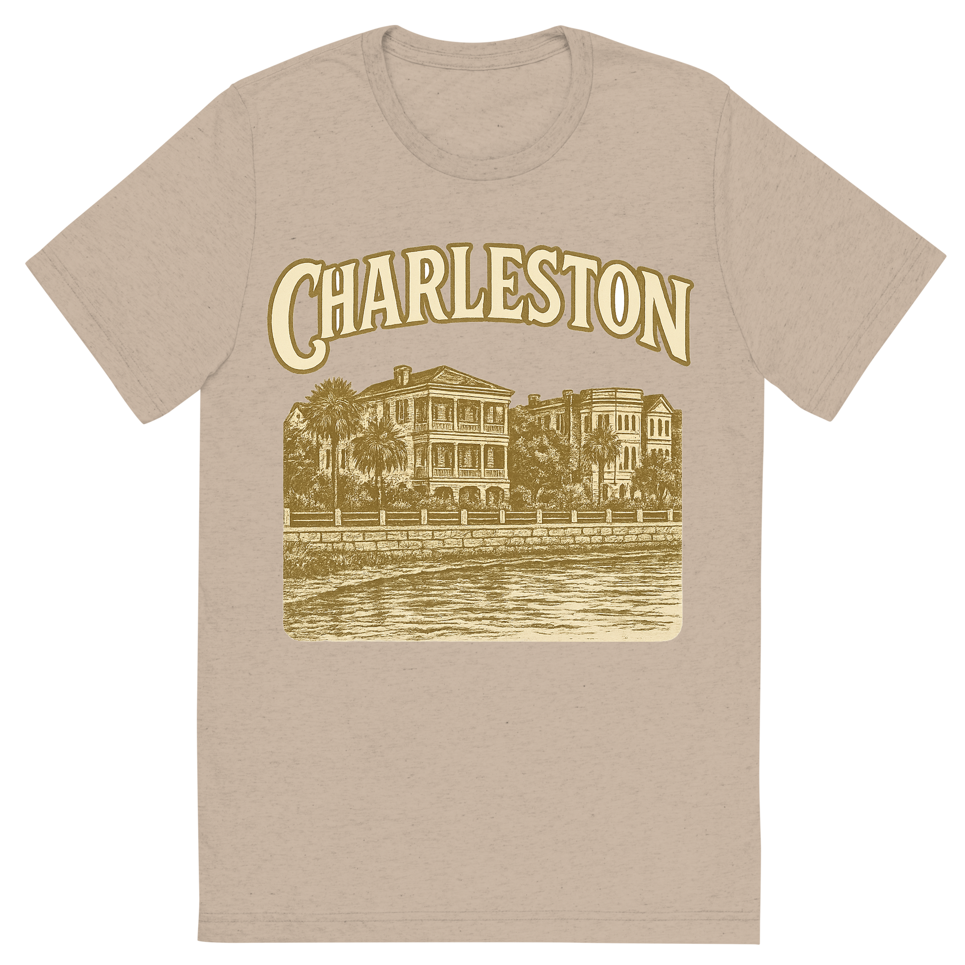 Front view of a Premium Tri-Blend Crew Neck T-Shirt in Tan showing 'A typographic, nostalgic graphic of a typographic illustration of the words 'charleston' with a vintage line art drawing of the battery'