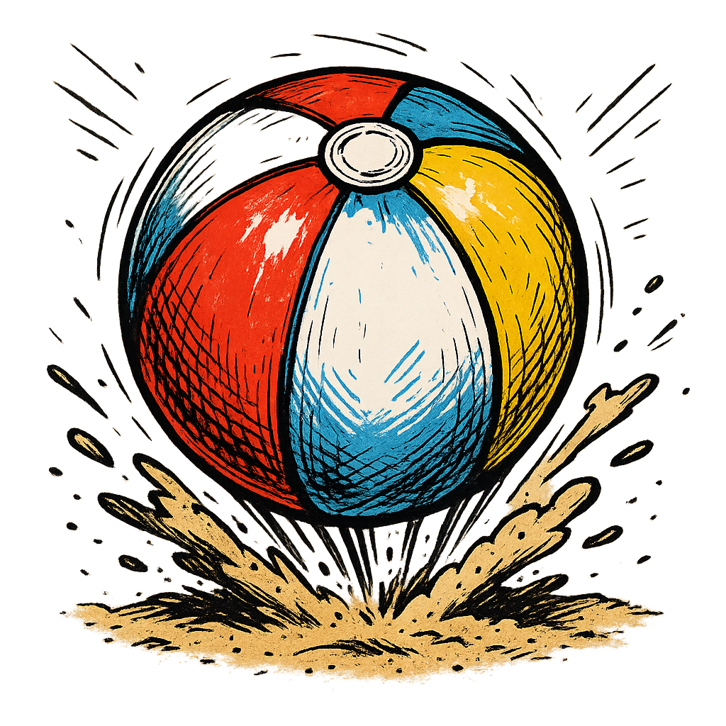 A hand-drawn ink with pops of color, energetic graphic of a vibrant beach ball mid-bounce with sand kicking up underneath, hand-drawn ink with pops of color, square layout, transparent background, optimized for dtg printing - a t-shirt design