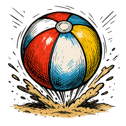 A hand-drawn ink with pops of color, energetic graphic of a vibrant beach ball mid-bounce with sand kicking up underneath, hand-drawn ink with pops of color, square layout, transparent background, optimized for dtg printing - a t-shirt design