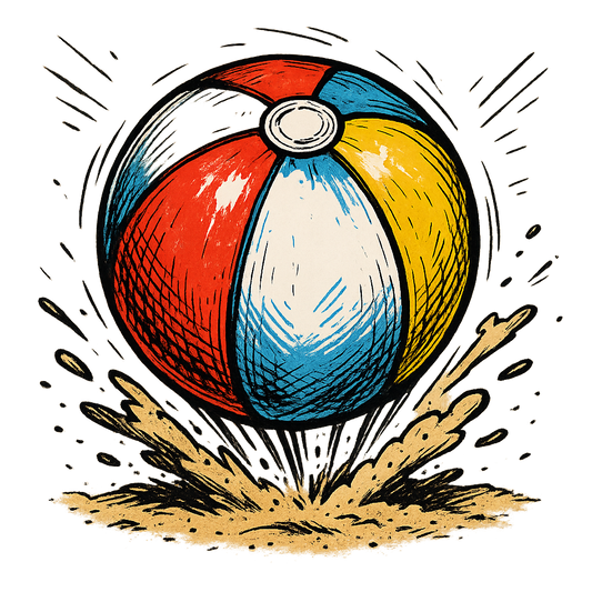 A hand-drawn ink with pops of color, energetic graphic of a vibrant beach ball mid-bounce with sand kicking up underneath, hand-drawn ink with pops of color, square layout, transparent background, optimized for dtg printing - a t-shirt design