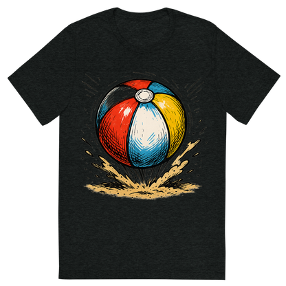 Front view of a Premium Tri-Blend Crew Neck T-Shirt in Charcoal-Black showing 'A hand-drawn ink with pops of color, energetic graphic of a vibrant beach ball mid-bounce with sand kicking up underneath, hand-drawn ink with pops of color, square layout, transparent background, optimized for dtg printing'