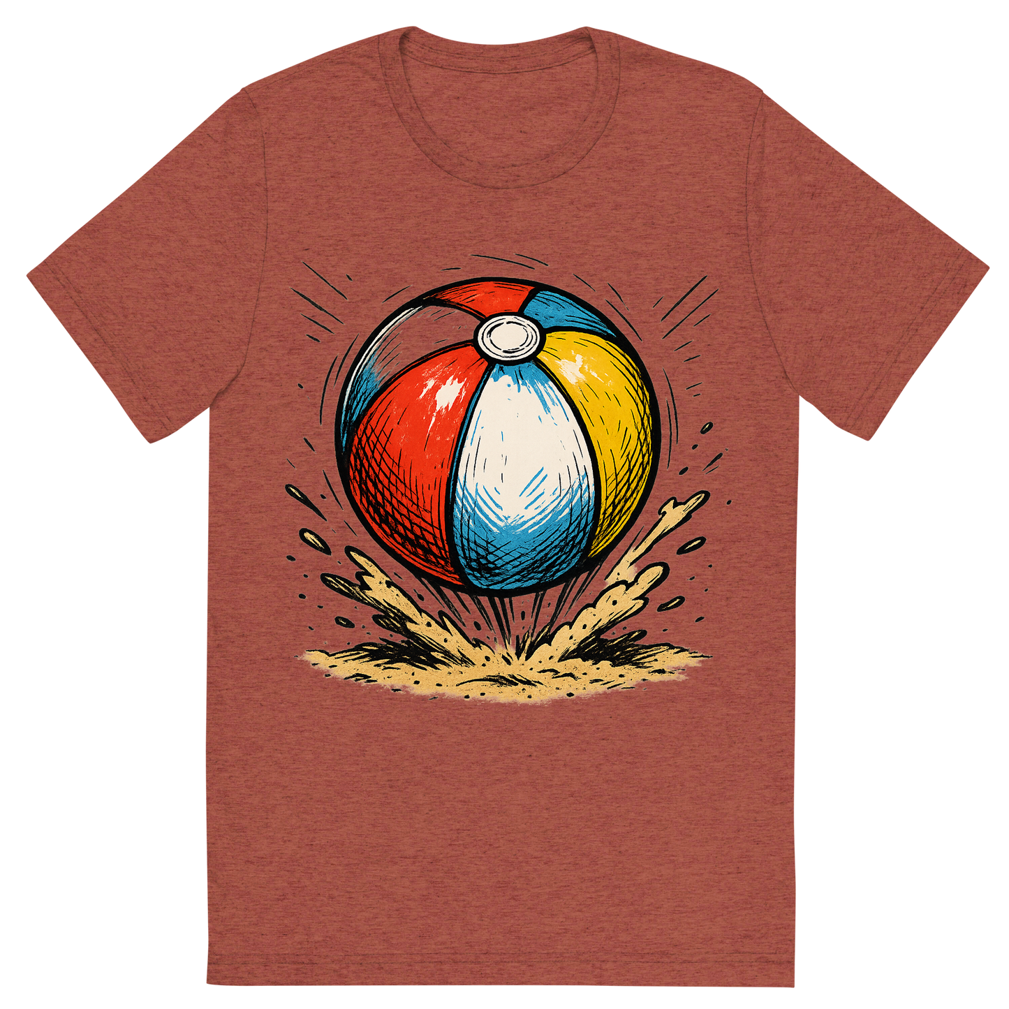 Front view of a Premium Tri-Blend Crew Neck T-Shirt in Clay showing 'A hand-drawn ink with pops of color, energetic graphic of a vibrant beach ball mid-bounce with sand kicking up underneath, hand-drawn ink with pops of color, square layout, transparent background, optimized for dtg printing'