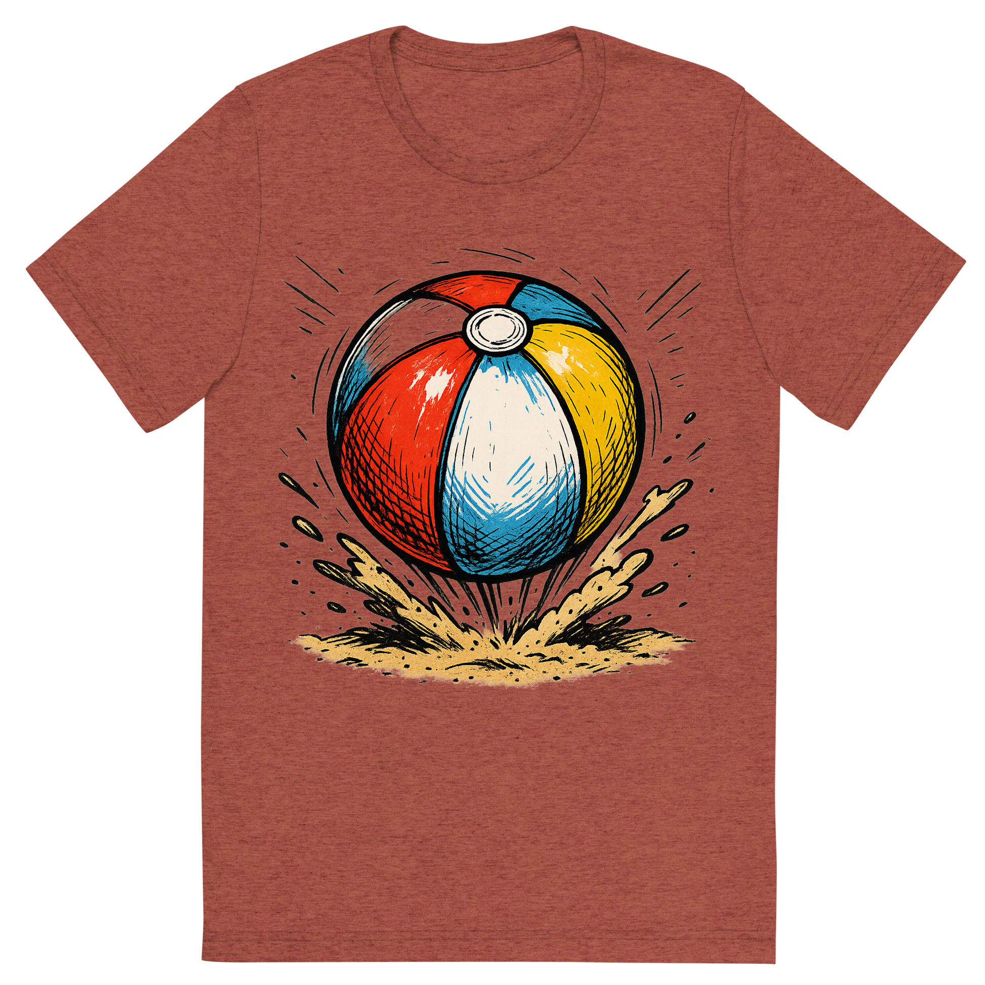 Front view of a Premium Tri-Blend Crew Neck T-Shirt in Clay showing 'A hand-drawn ink with pops of color, energetic graphic of a vibrant beach ball mid-bounce with sand kicking up underneath, hand-drawn ink with pops of color, square layout, transparent background, optimized for dtg printing'