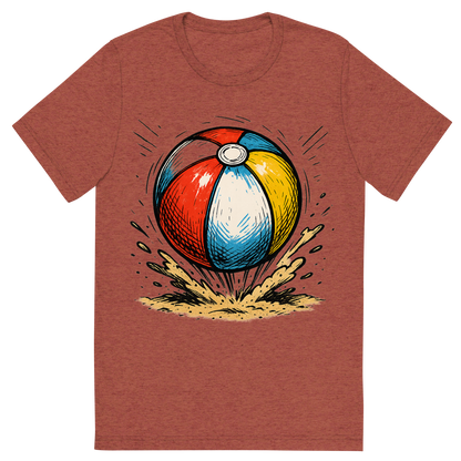 Front view of a Premium Tri-Blend Crew Neck T-Shirt in Clay showing 'A hand-drawn ink with pops of color, energetic graphic of a vibrant beach ball mid-bounce with sand kicking up underneath, hand-drawn ink with pops of color, square layout, transparent background, optimized for dtg printing'