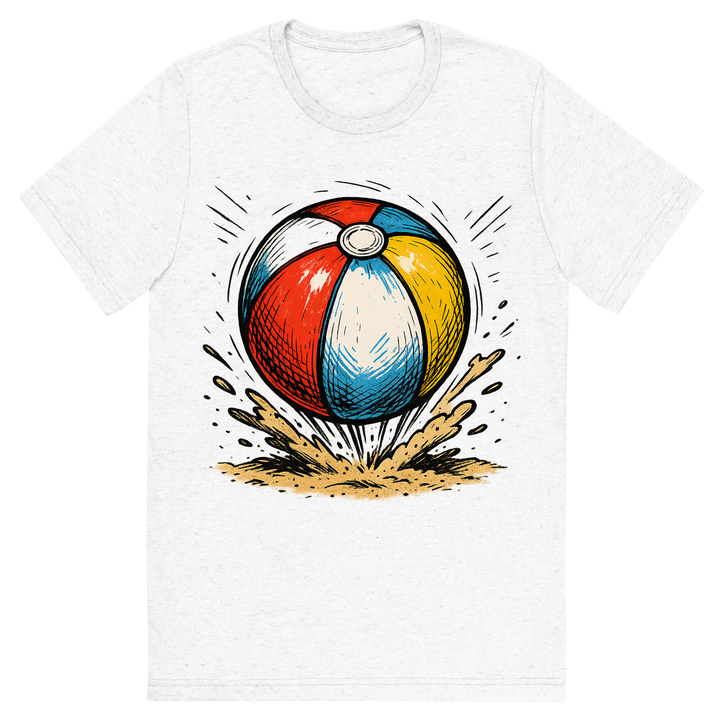 Front view of a Premium Tri-Blend Crew Neck T-Shirt in Solid White showing 'A hand-drawn ink with pops of color, energetic graphic of a vibrant beach ball mid-bounce with sand kicking up underneath, hand-drawn ink with pops of color, square layout, transparent background, optimized for dtg printing'