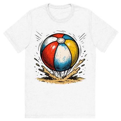 Front view of a Premium Tri-Blend Crew Neck T-Shirt in Solid White showing 'A hand-drawn ink with pops of color, energetic graphic of a vibrant beach ball mid-bounce with sand kicking up underneath, hand-drawn ink with pops of color, square layout, transparent background, optimized for dtg printing'