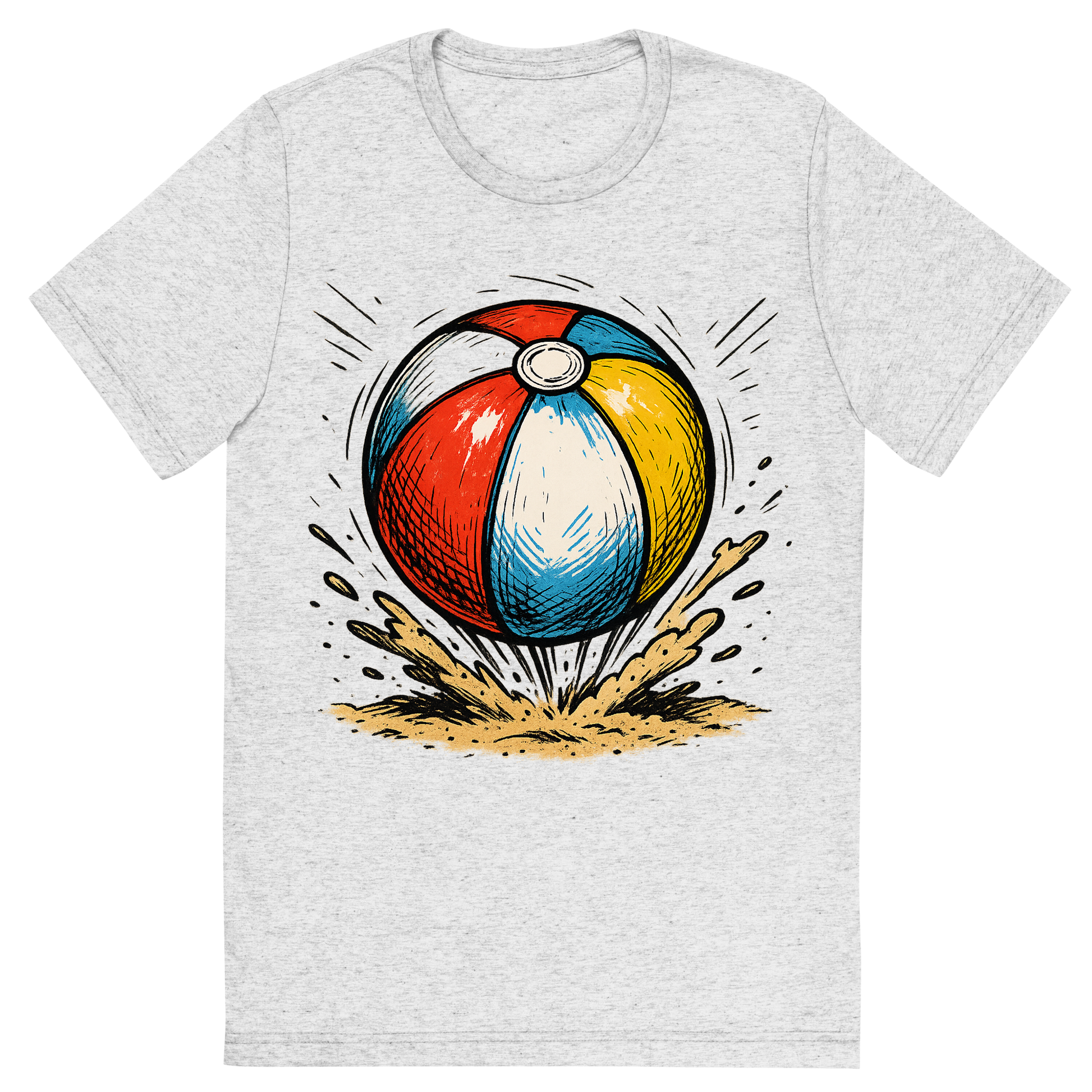 Front view of a Premium Tri-Blend Crew Neck T-Shirt in White Fleck showing 'A hand-drawn ink with pops of color, energetic graphic of a vibrant beach ball mid-bounce with sand kicking up underneath, hand-drawn ink with pops of color, square layout, transparent background, optimized for dtg printing'