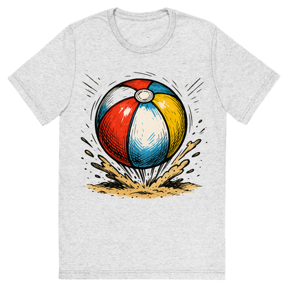 Front view of a Premium Tri-Blend Crew Neck T-Shirt in White Fleck showing 'A hand-drawn ink with pops of color, energetic graphic of a vibrant beach ball mid-bounce with sand kicking up underneath, hand-drawn ink with pops of color, square layout, transparent background, optimized for dtg printing'