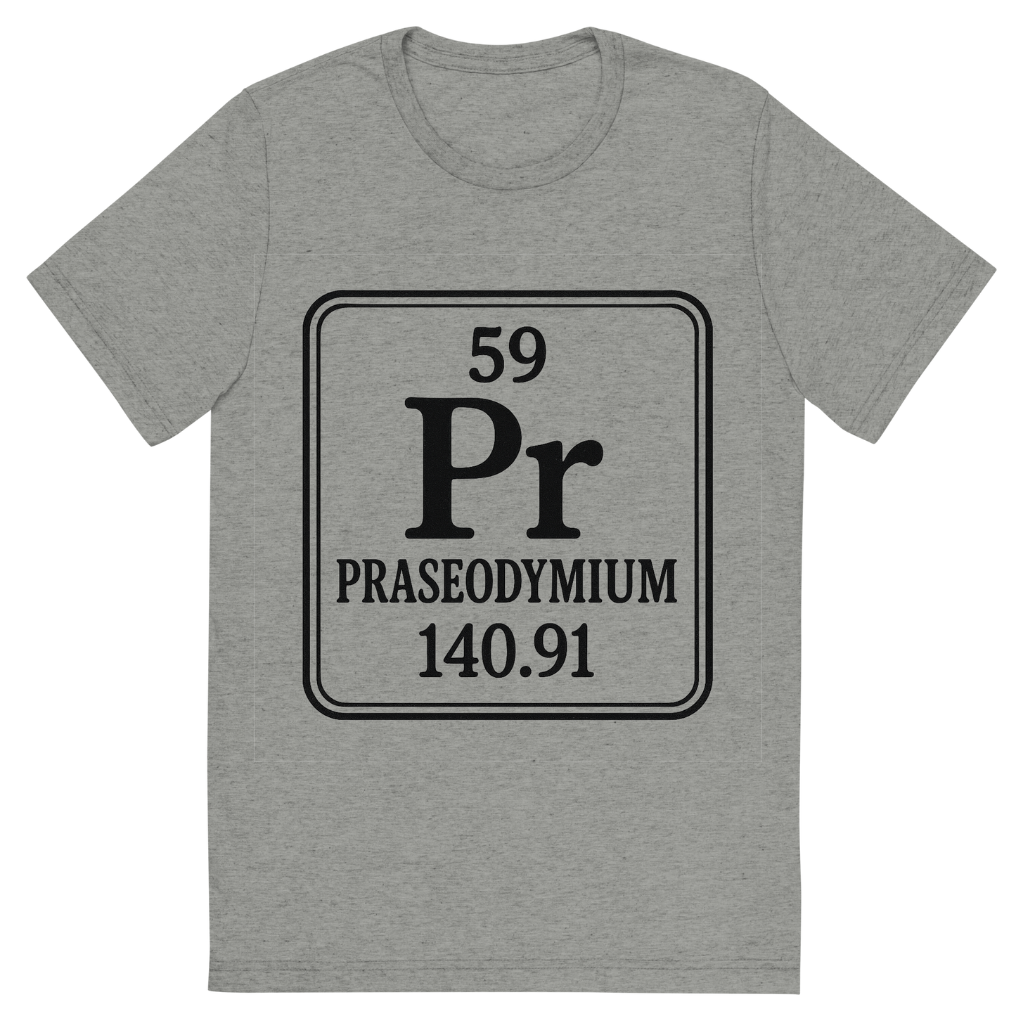 Front view of a Premium Tri-Blend Crew Neck T-Shirt in Athletic Grey showing 'A line art, nostalgic graphic of praseodymium's entry on the periodic table, use a dark color for the lines and text'