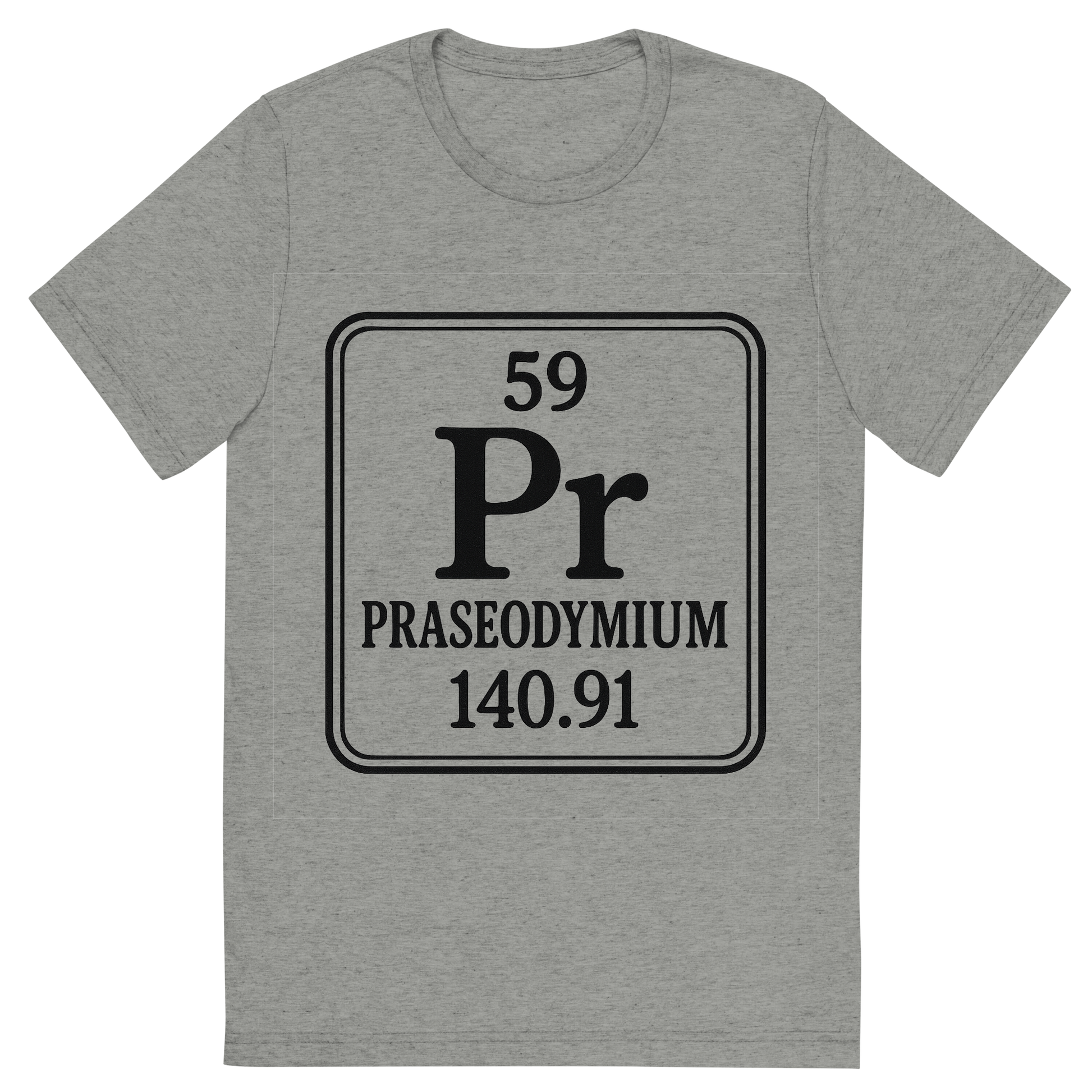 Front view of a Premium Tri-Blend Crew Neck T-Shirt in Athletic Grey showing 'A line art, nostalgic graphic of praseodymium's entry on the periodic table, use a dark color for the lines and text'