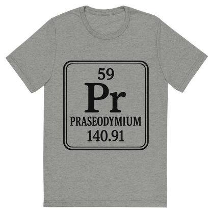 Front view of a Premium Tri-Blend Crew Neck T-Shirt in Athletic Grey showing 'A line art, nostalgic graphic of praseodymium's entry on the periodic table, use a dark color for the lines and text'