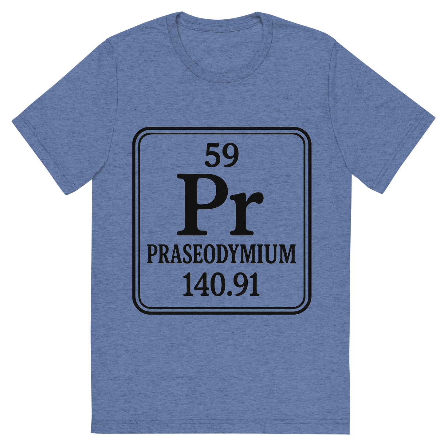 Front view of a Premium Tri-Blend Crew Neck T-Shirt in Blue showing 'A line art, nostalgic graphic of praseodymium's entry on the periodic table, use a dark color for the lines and text'