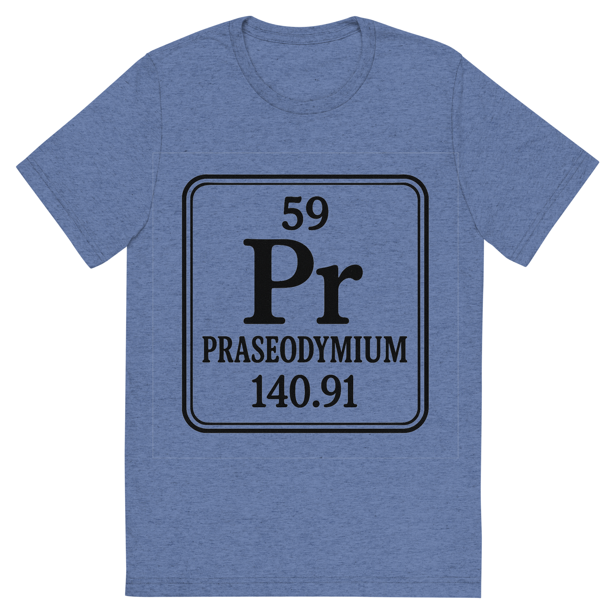 Front view of a Premium Tri-Blend Crew Neck T-Shirt in Blue showing 'A line art, nostalgic graphic of praseodymium's entry on the periodic table, use a dark color for the lines and text'