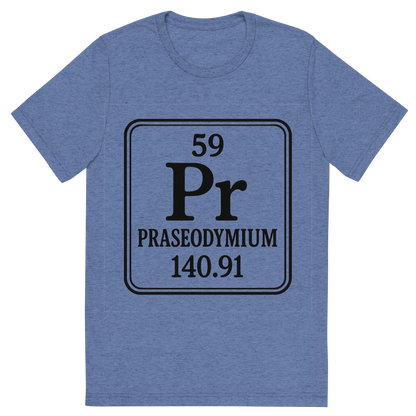 Front view of a Premium Tri-Blend Crew Neck T-Shirt in Blue showing 'A line art, nostalgic graphic of praseodymium's entry on the periodic table, use a dark color for the lines and text'