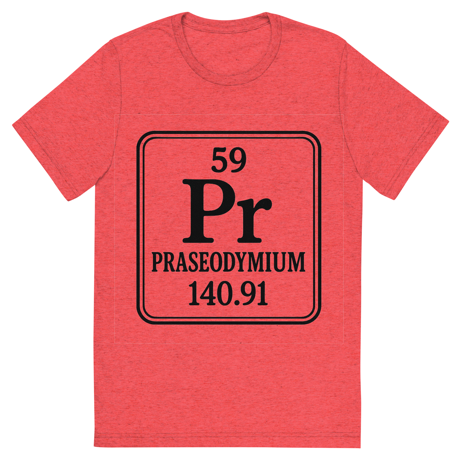 Front view of a Premium Tri-Blend Crew Neck T-Shirt in Red showing 'A line art, nostalgic graphic of praseodymium's entry on the periodic table, use a dark color for the lines and text'