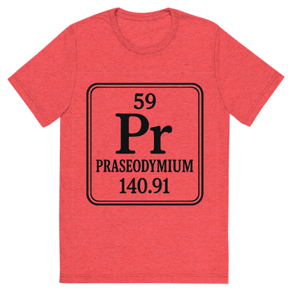 Front view of a Premium Tri-Blend Crew Neck T-Shirt in Red showing 'A line art, nostalgic graphic of praseodymium's entry on the periodic table, use a dark color for the lines and text'