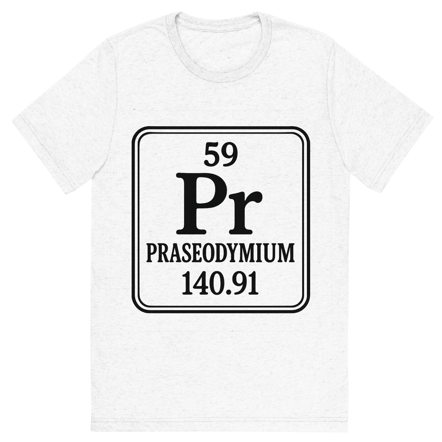 Front view of a Premium Tri-Blend Crew Neck T-Shirt in Solid White showing 'A line art, nostalgic graphic of praseodymium's entry on the periodic table, use a dark color for the lines and text'