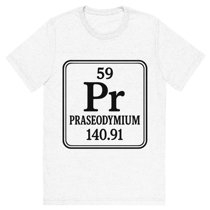 Front view of a Premium Tri-Blend Crew Neck T-Shirt in Solid White showing 'A line art, nostalgic graphic of praseodymium's entry on the periodic table, use a dark color for the lines and text'