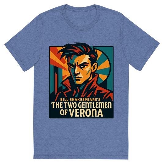Front view of a Premium Tri-Blend Crew Neck T-Shirt in Blue showing 'A retro, edgy graphic of a visual representation of a key theme and character from william shakespeare's the two gentlemen of verona'