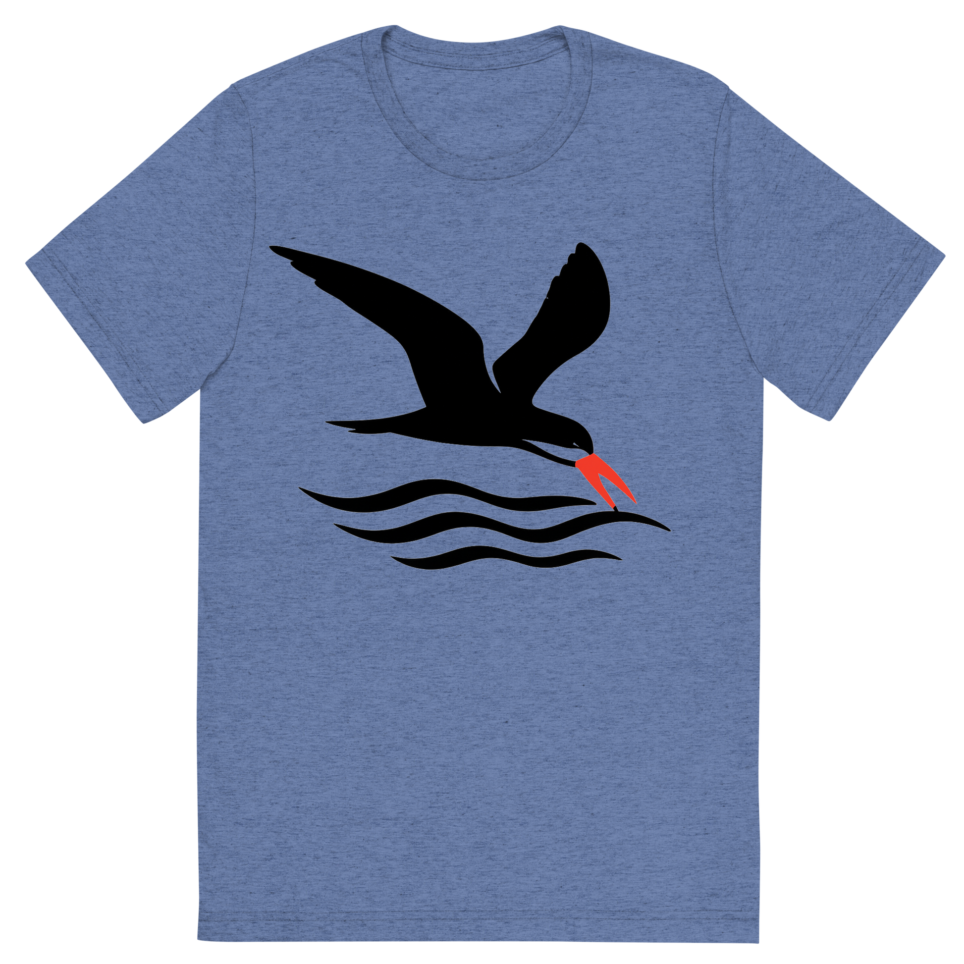 Front view of a Premium Tri-Blend Crew Neck T-Shirt in Blue showing 'A high-contrast silhouette with minimal accent color, swift graphic of a silhouette of a black skimmer gliding low over the waves with its lower bill skimming the surface, red-orange bill tip highlighted, transparent background, optimized for dtg printing'