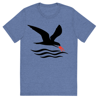 Front view of a Premium Tri-Blend Crew Neck T-Shirt in Blue showing 'A high-contrast silhouette with minimal accent color, swift graphic of a silhouette of a black skimmer gliding low over the waves with its lower bill skimming the surface, red-orange bill tip highlighted, transparent background, optimized for dtg printing'