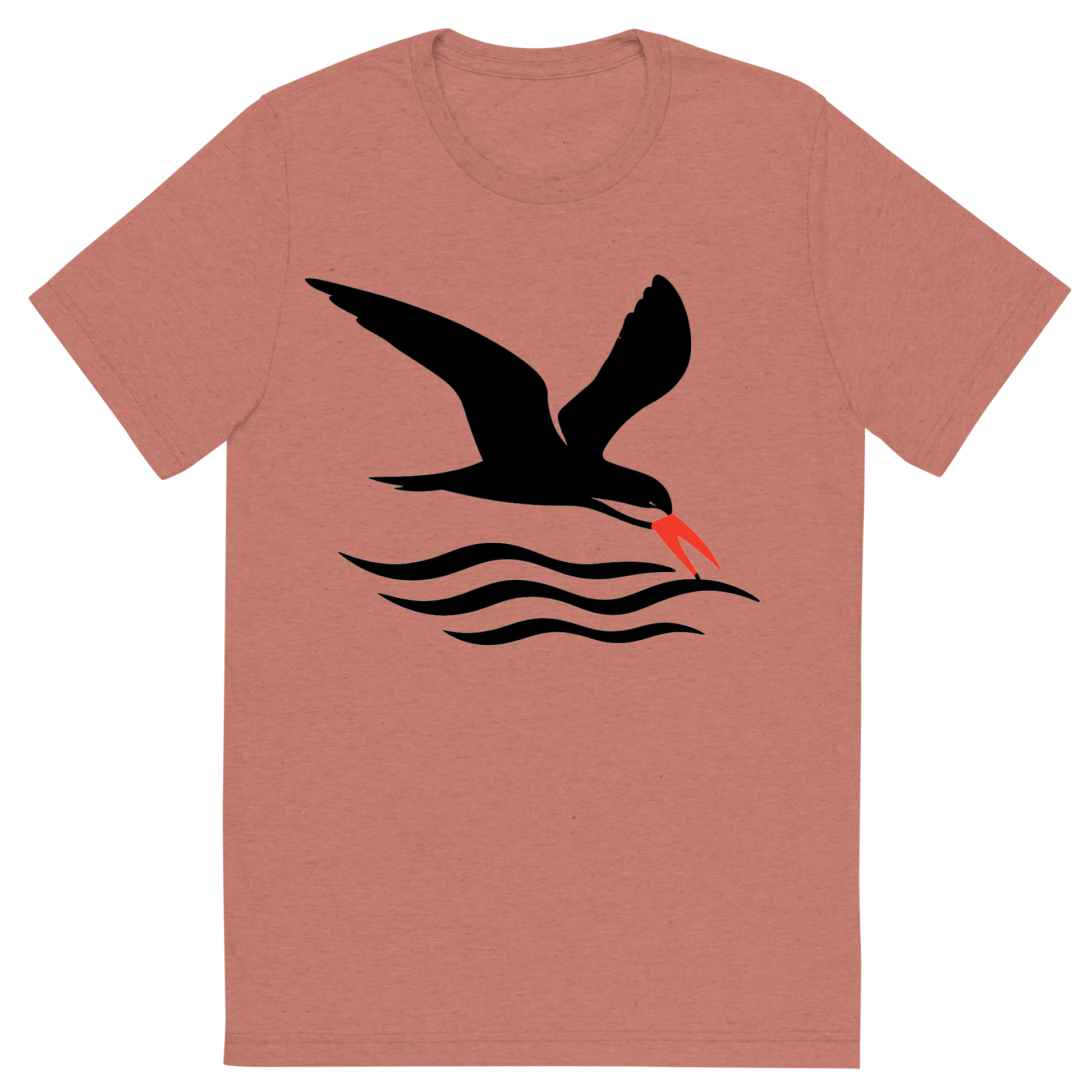Front view of a Premium Tri-Blend Crew Neck T-Shirt in Mauve showing 'A high-contrast silhouette with minimal accent color, swift graphic of a silhouette of a black skimmer gliding low over the waves with its lower bill skimming the surface, red-orange bill tip highlighted, transparent background, optimized for dtg printing'
