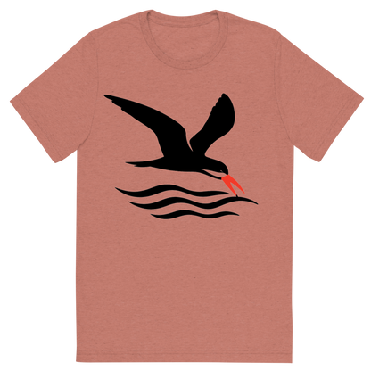 Front view of a Premium Tri-Blend Crew Neck T-Shirt in Mauve showing 'A high-contrast silhouette with minimal accent color, swift graphic of a silhouette of a black skimmer gliding low over the waves with its lower bill skimming the surface, red-orange bill tip highlighted, transparent background, optimized for dtg printing'