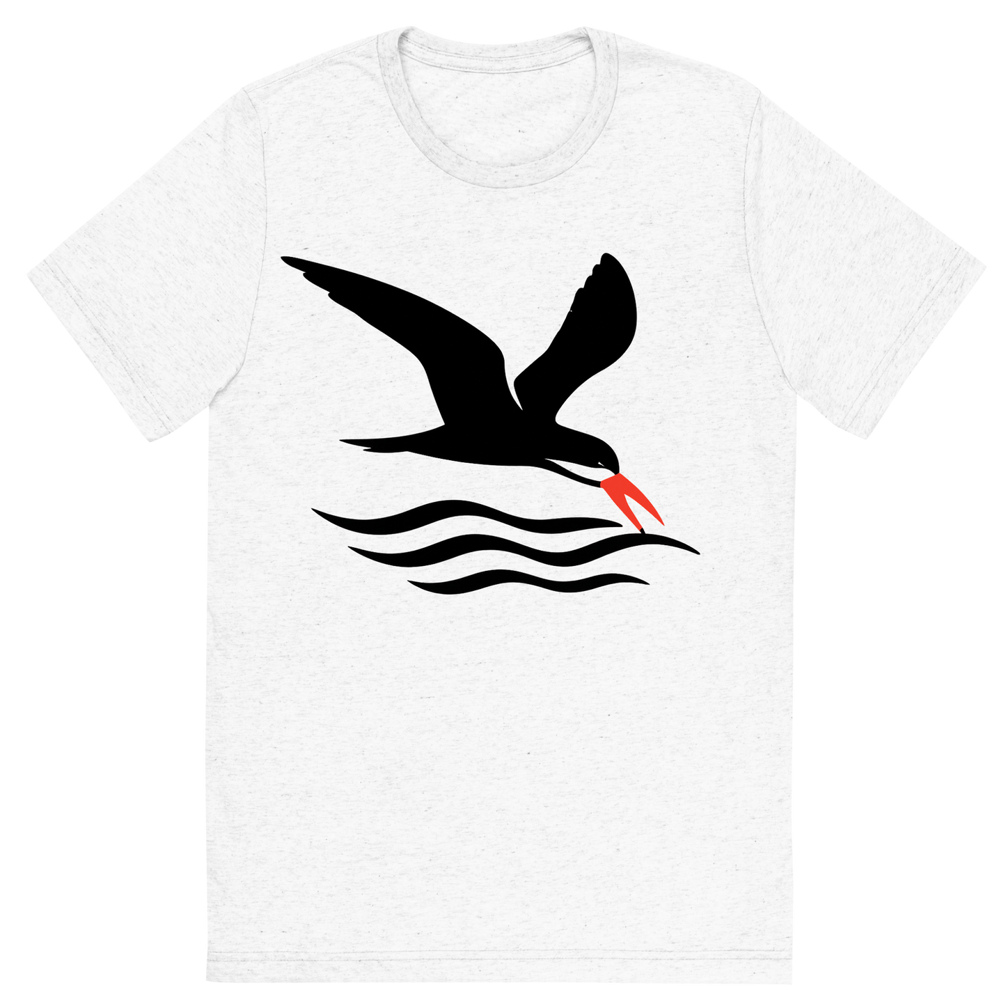Front view of a Premium Tri-Blend Crew Neck T-Shirt in Solid White showing 'A high-contrast silhouette with minimal accent color, swift graphic of a silhouette of a black skimmer gliding low over the waves with its lower bill skimming the surface, red-orange bill tip highlighted, transparent background, optimized for dtg printing'