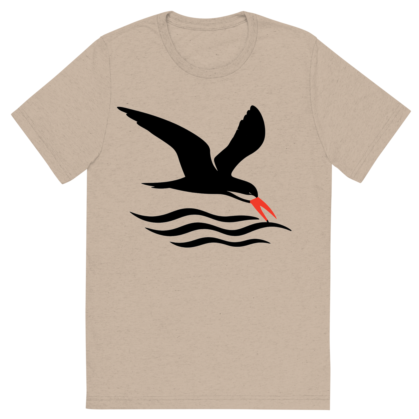 Front view of a Premium Tri-Blend Crew Neck T-Shirt in Tan showing 'A high-contrast silhouette with minimal accent color, swift graphic of a silhouette of a black skimmer gliding low over the waves with its lower bill skimming the surface, red-orange bill tip highlighted, transparent background, optimized for dtg printing'
