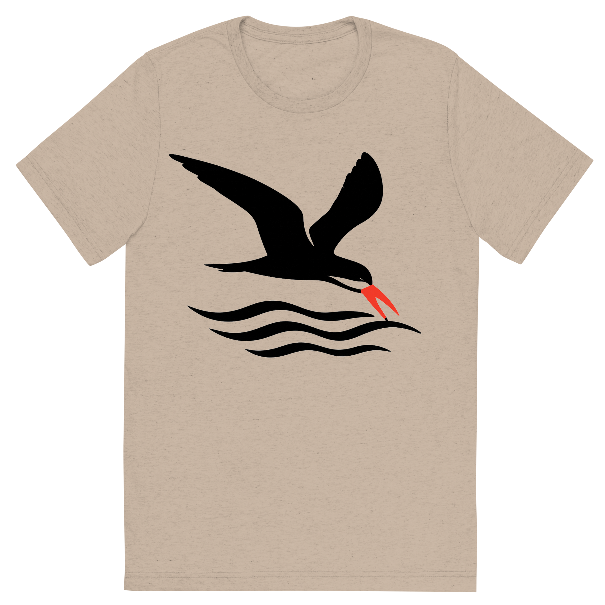 Front view of a Premium Tri-Blend Crew Neck T-Shirt in Tan showing 'A high-contrast silhouette with minimal accent color, swift graphic of a silhouette of a black skimmer gliding low over the waves with its lower bill skimming the surface, red-orange bill tip highlighted, transparent background, optimized for dtg printing'
