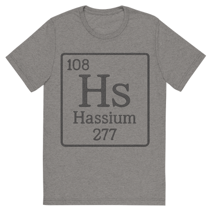 Front view of a Premium Tri-Blend Crew Neck T-Shirt in Grey showing 'A line art, nostalgic graphic of hassium's entry on the periodic table, use a dark color for the lines and text'