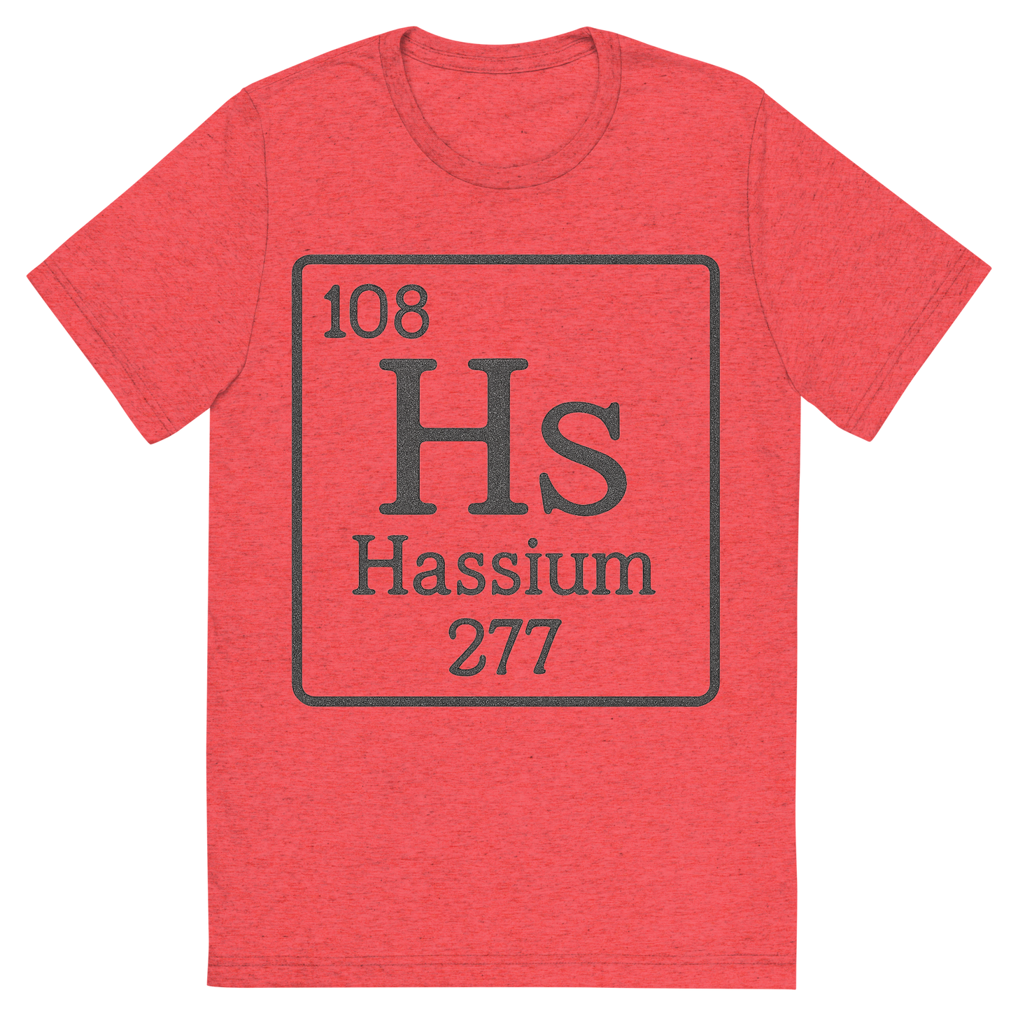 Front view of a Premium Tri-Blend Crew Neck T-Shirt in Red showing 'A line art, nostalgic graphic of hassium's entry on the periodic table, use a dark color for the lines and text'