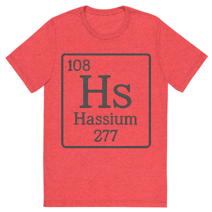 Front view of a Premium Tri-Blend Crew Neck T-Shirt in Red showing 'A line art, nostalgic graphic of hassium's entry on the periodic table, use a dark color for the lines and text'