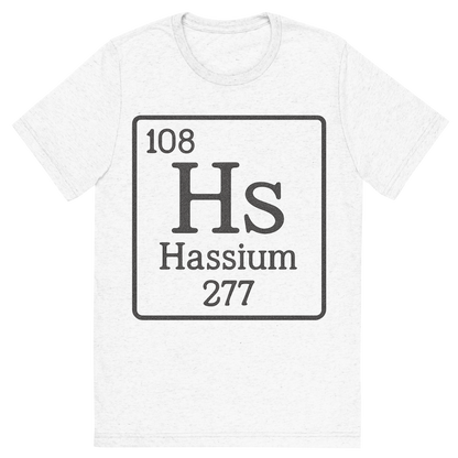 Front view of a Premium Tri-Blend Crew Neck T-Shirt in Solid White showing 'A line art, nostalgic graphic of hassium's entry on the periodic table, use a dark color for the lines and text'