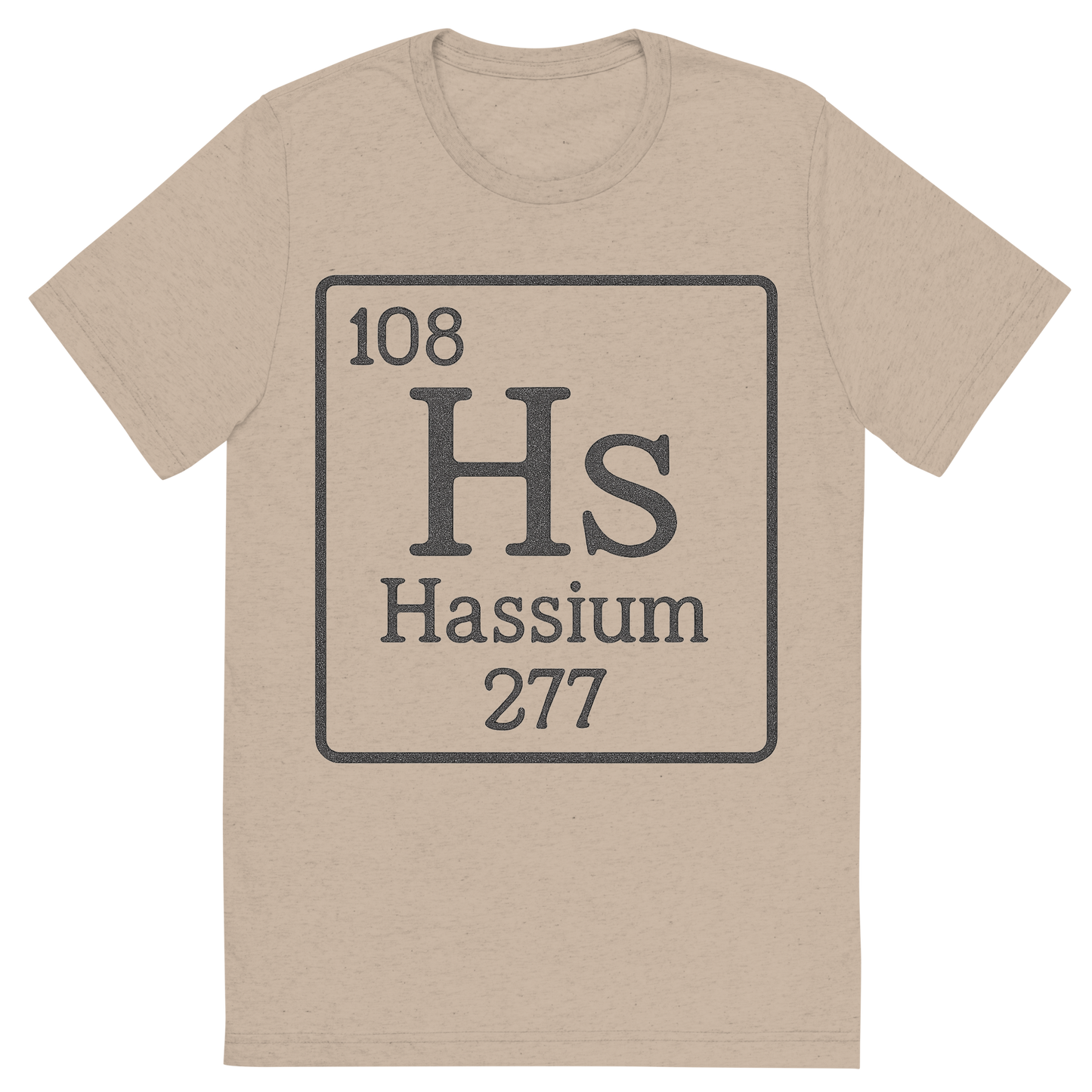 Front view of a Premium Tri-Blend Crew Neck T-Shirt in Tan showing 'A line art, nostalgic graphic of hassium's entry on the periodic table, use a dark color for the lines and text'