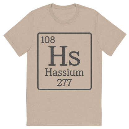 Front view of a Premium Tri-Blend Crew Neck T-Shirt in Tan showing 'A line art, nostalgic graphic of hassium's entry on the periodic table, use a dark color for the lines and text'