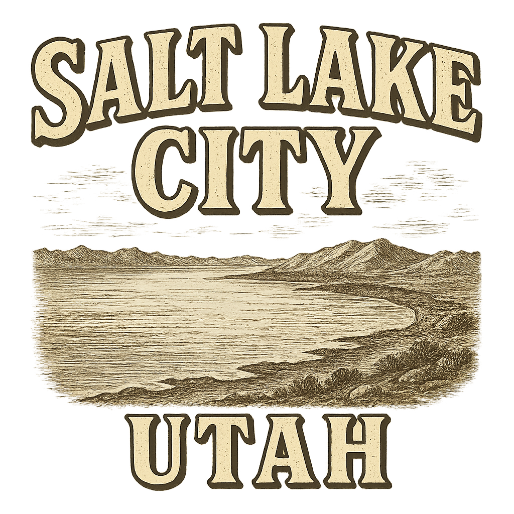 A typographic, nostalgic graphic of a typographic illustration of the words 'salt lake city, utah' with a vintage line art drawing of the great salt lake – a t-shirt design