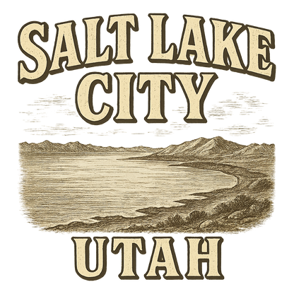 A typographic, nostalgic graphic of a typographic illustration of the words 'salt lake city, utah' with a vintage line art drawing of the great salt lake – a t-shirt design