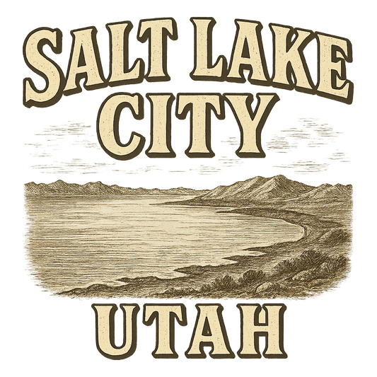 A typographic, nostalgic graphic of a typographic illustration of the words 'salt lake city, utah' with a vintage line art drawing of the great salt lake – a t-shirt design