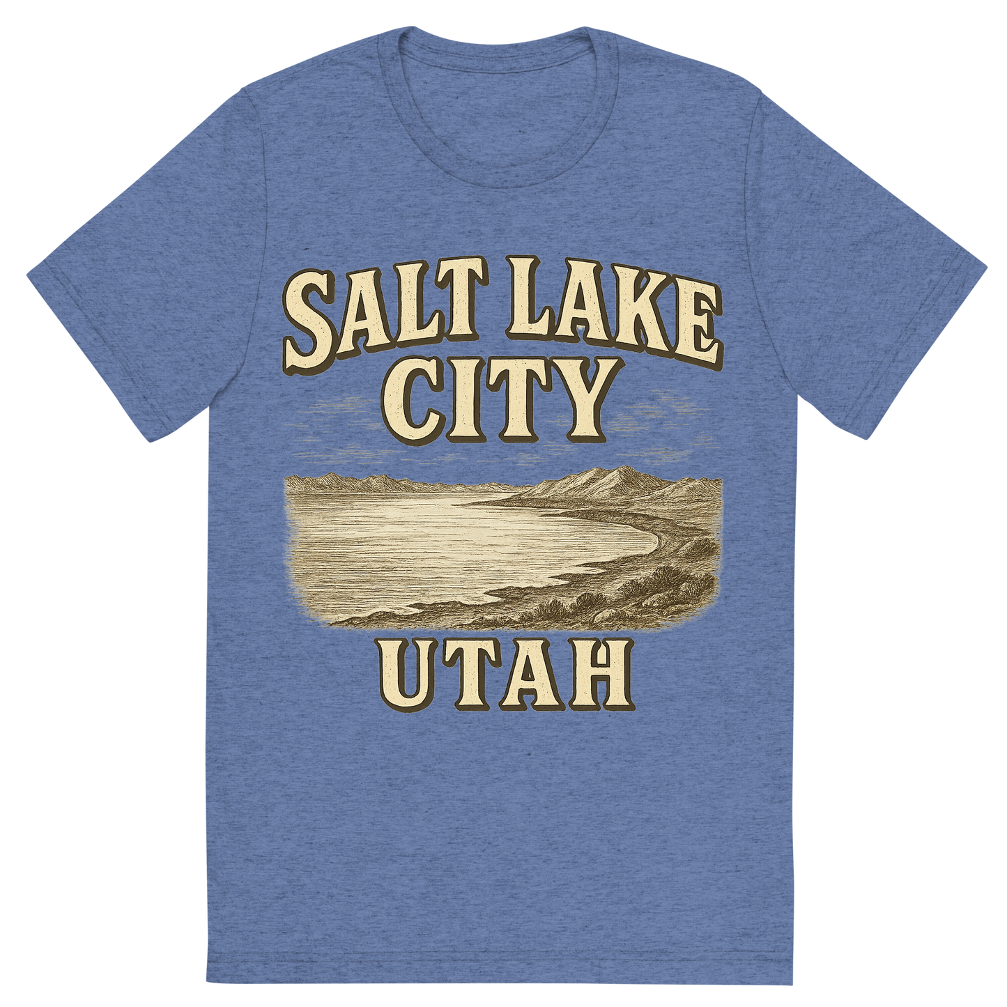 Front view of a Premium Tri-Blend Crew Neck T-Shirt in Blue showing 'A typographic, nostalgic graphic of a typographic illustration of the words 'salt lake city, utah' with a vintage line art drawing of the great salt lake'