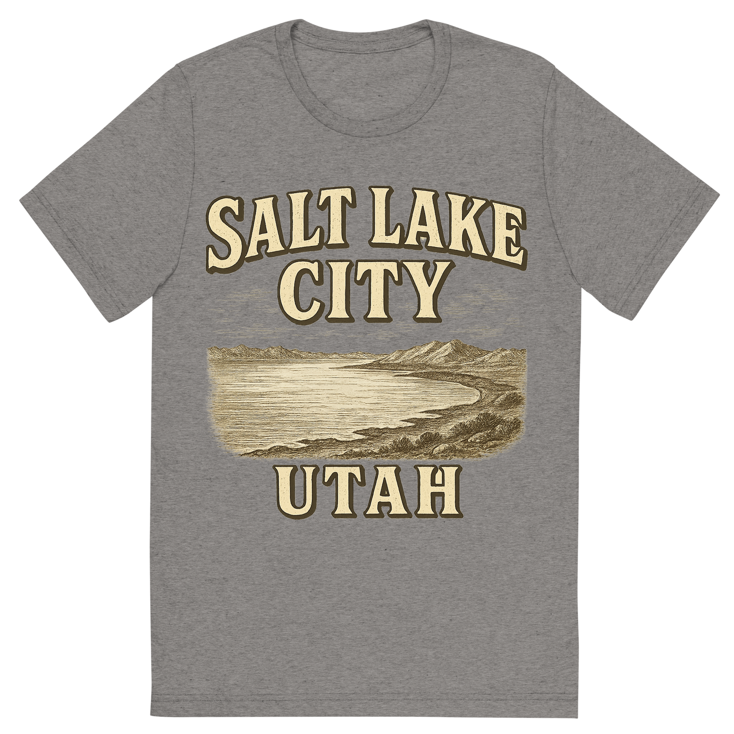 Front view of a Premium Tri-Blend Crew Neck T-Shirt in Grey showing 'A typographic, nostalgic graphic of a typographic illustration of the words 'salt lake city, utah' with a vintage line art drawing of the great salt lake'