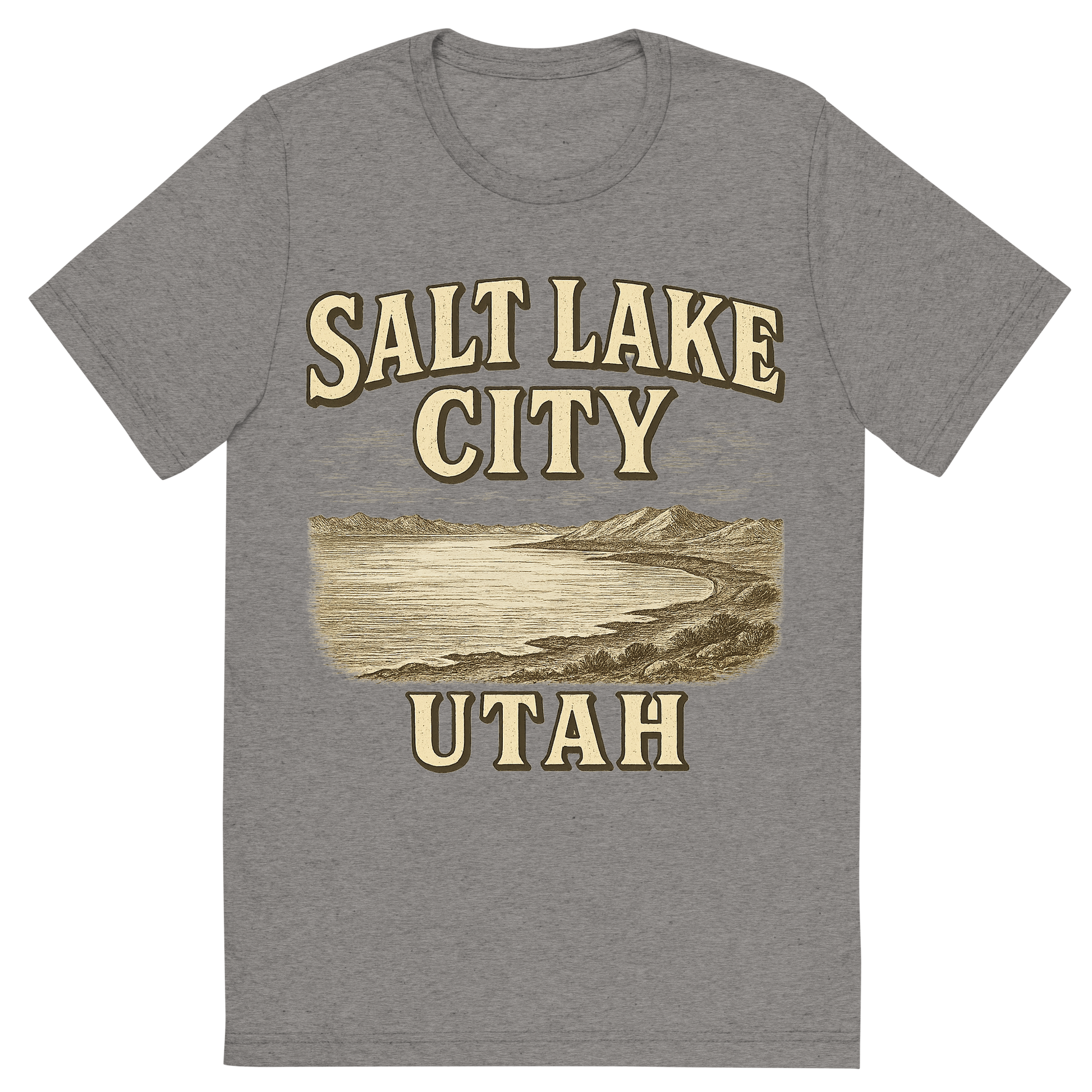 Front view of a Premium Tri-Blend Crew Neck T-Shirt in Grey showing 'A typographic, nostalgic graphic of a typographic illustration of the words 'salt lake city, utah' with a vintage line art drawing of the great salt lake'