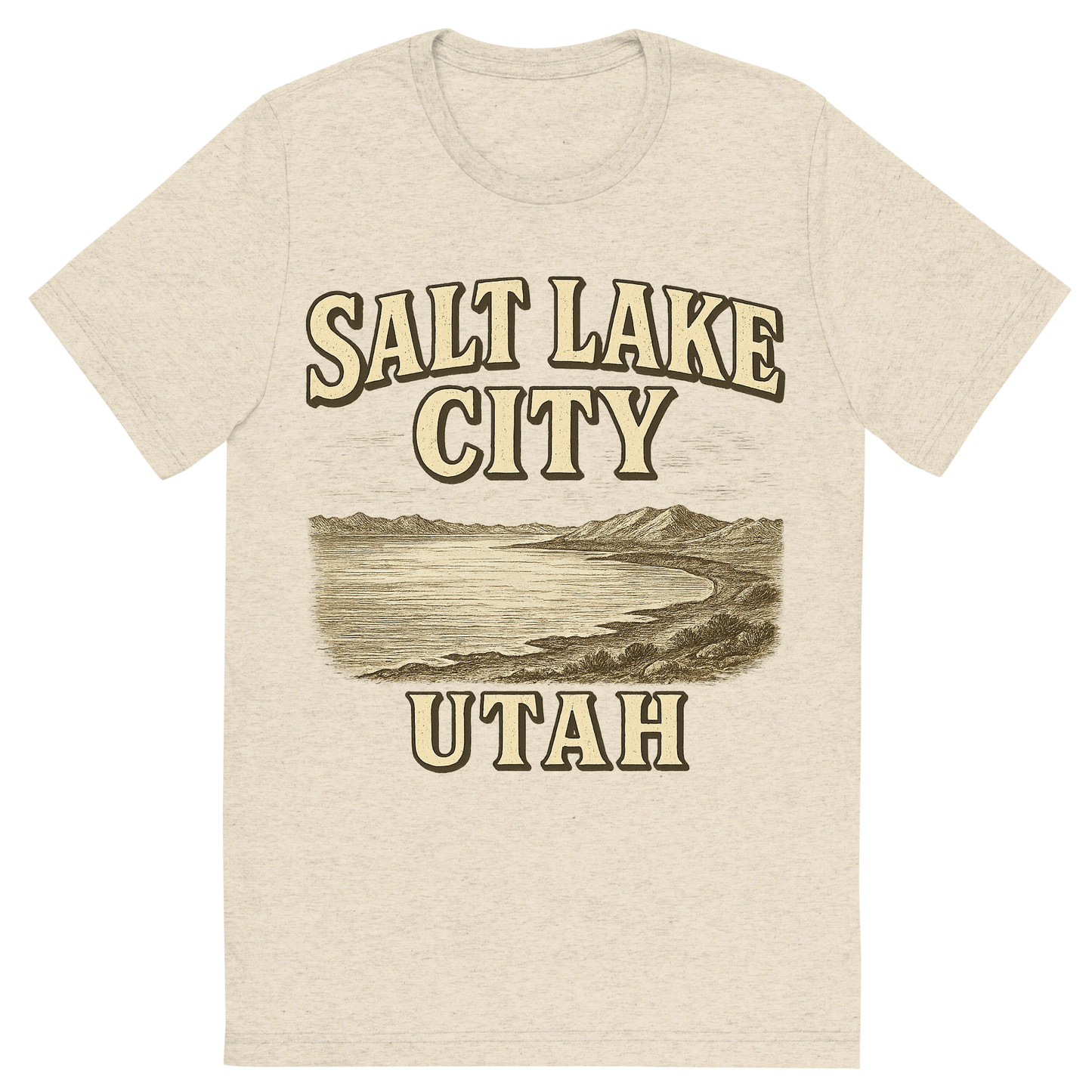 Front view of a Premium Tri-Blend Crew Neck T-Shirt in Oatmeal showing 'A typographic, nostalgic graphic of a typographic illustration of the words 'salt lake city, utah' with a vintage line art drawing of the great salt lake'
