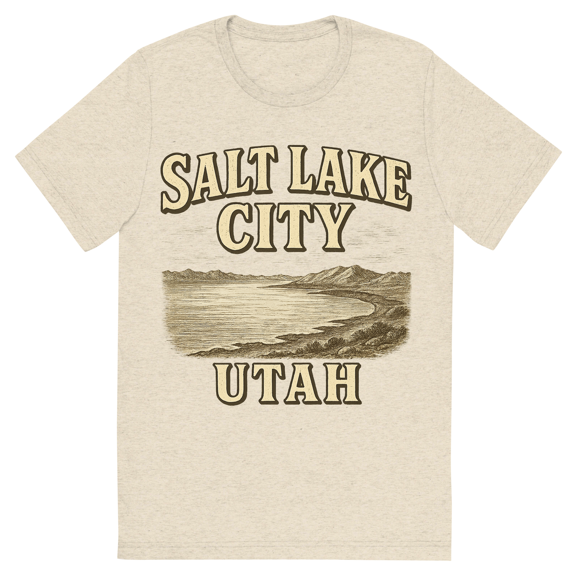 Front view of a Premium Tri-Blend Crew Neck T-Shirt in Oatmeal showing 'A typographic, nostalgic graphic of a typographic illustration of the words 'salt lake city, utah' with a vintage line art drawing of the great salt lake'