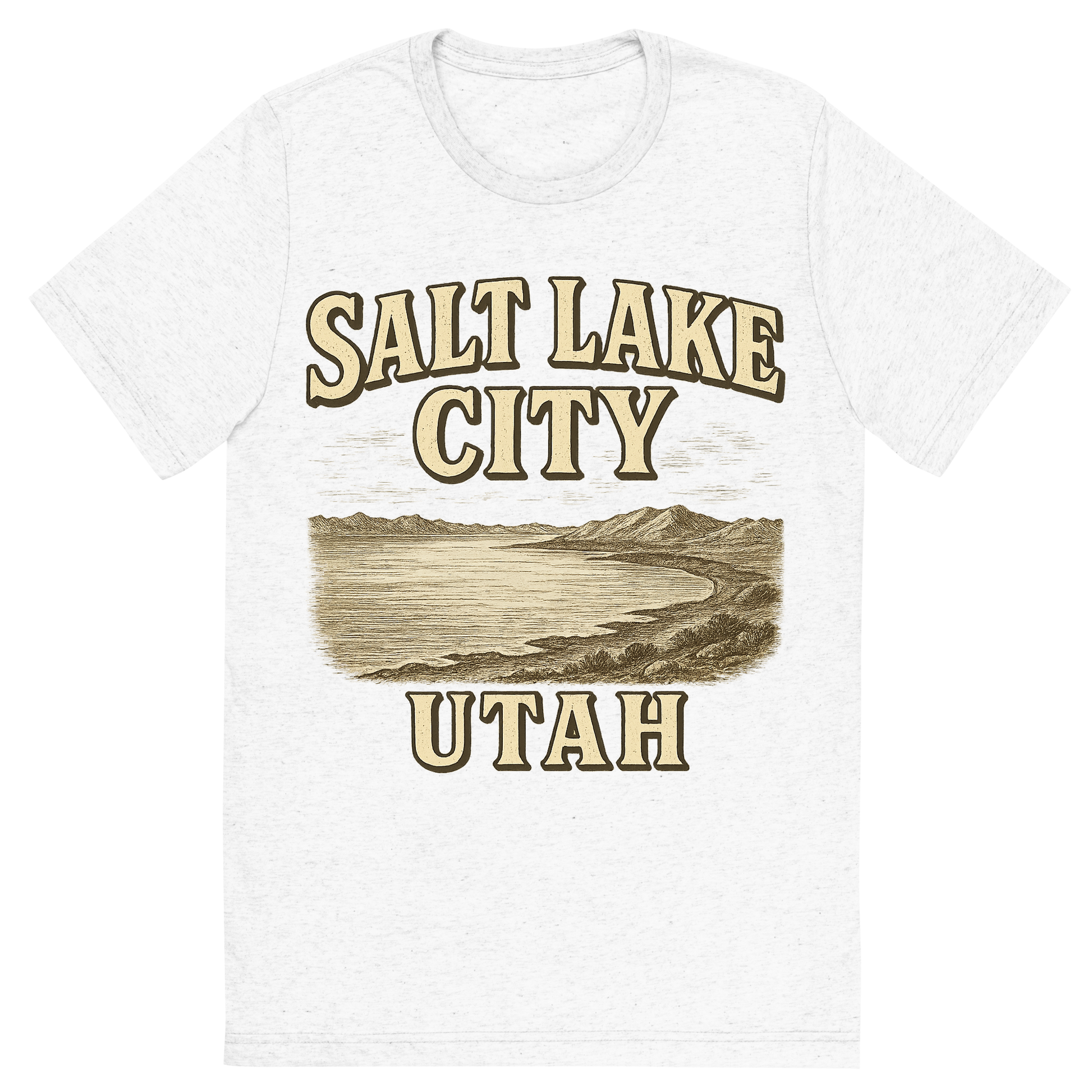 Front view of a Premium Tri-Blend Crew Neck T-Shirt in Solid White showing 'A typographic, nostalgic graphic of a typographic illustration of the words 'salt lake city, utah' with a vintage line art drawing of the great salt lake'