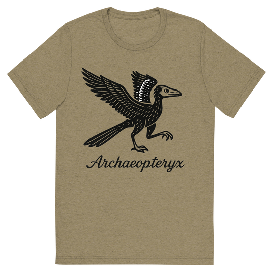 Front view of a Premium Tri-Blend Crew Neck T-Shirt in Olive showing 'A flat, neutral graphic of a stylized drawing of archaeopteryx with feathered wings and dinosaur tail. “archaeopteryx” appears in script below. ink illustration on a white background.'